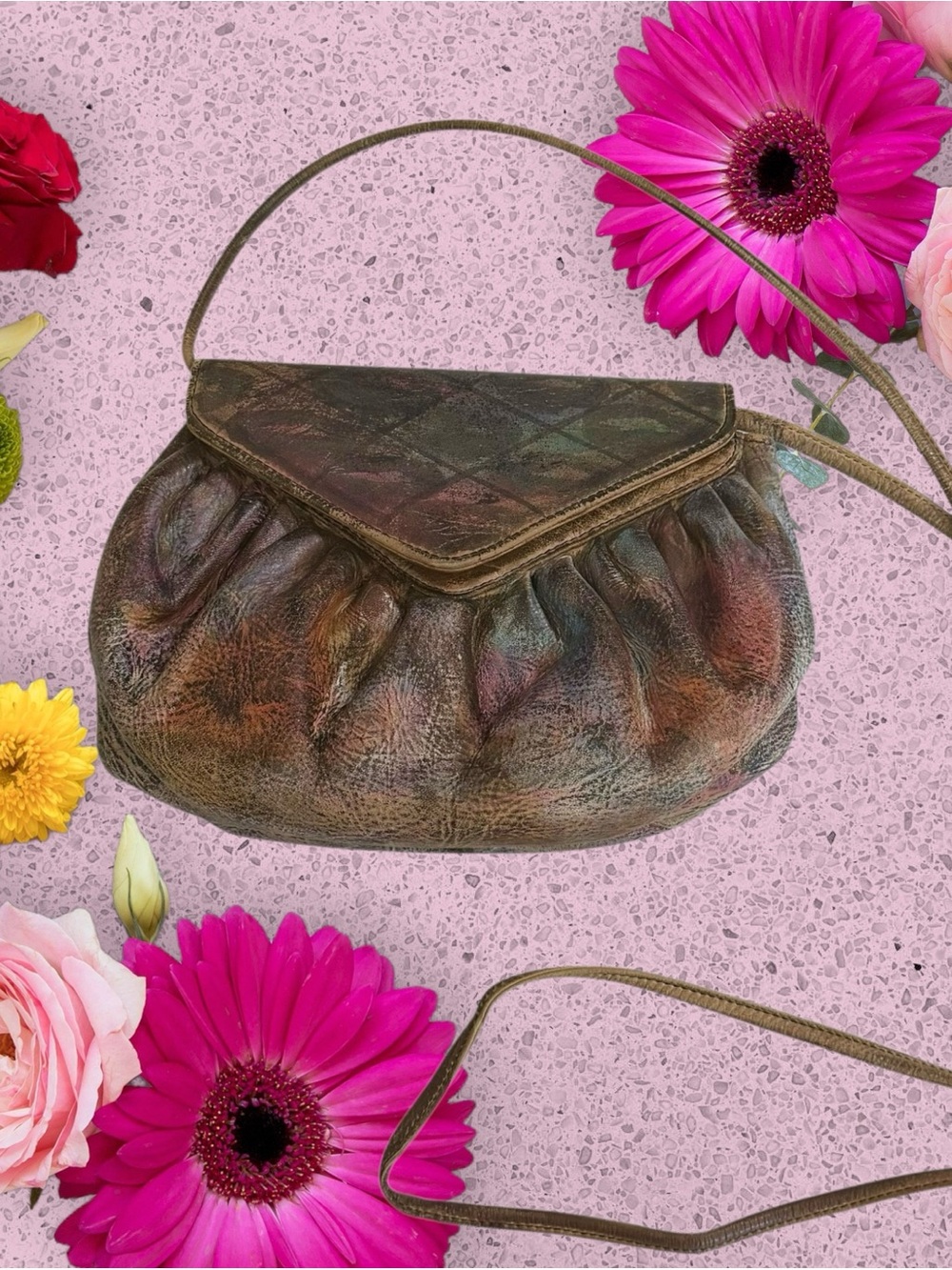 Vintage Jane Yoo Hand-Painted In Multicolor Soft Gathered Leather Shoulder Bag